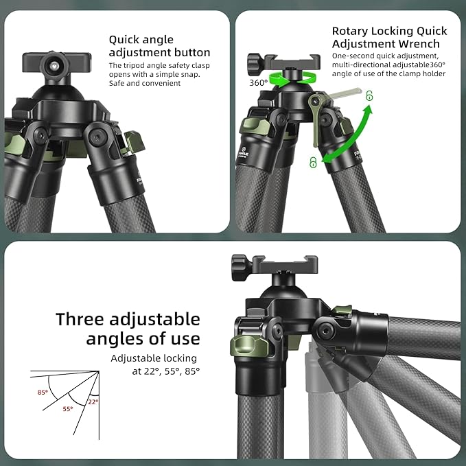 FANAUE Carbon Fiber Tripod with 360° Ball Head & Arca-Swiss Quick Release, Adjustable Legs, Max Load 44lb/20kg, for Hunting and Outdoors Photography