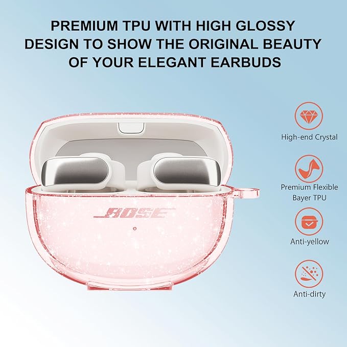 for Bose Ultra Open Earbuds Case Clear Pink Glitter,Cute Sparkle Bling for Bose Ultra Open Case Cover 2024,Soft TPU Cover for Bose Open Ear Earbuds Accessories with Carabiner and Cleaning Pen