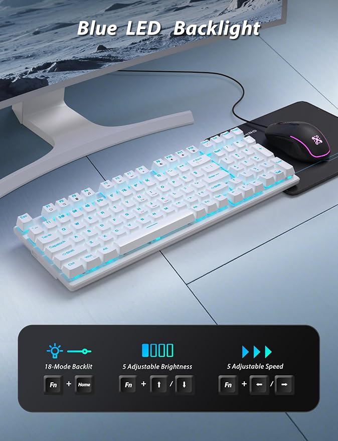 Mechanical Gaming Keyboard and Mouse, 98 Keys LED Backlit Keyboard with Floating Keycap, Ergonomic RGB Gaming Mouse with Mouse Pad Combo, Full Anti-Ghost Wired Keyboard for PC Laptop Gamer, White