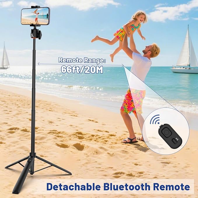 Ailight 60" Extendable Travel Tripod & Selfie Stick with Cold Shoe & Wireless Remote, 360° Ball Head for Vlogging - Lightweight Phone Tripod for iPhone