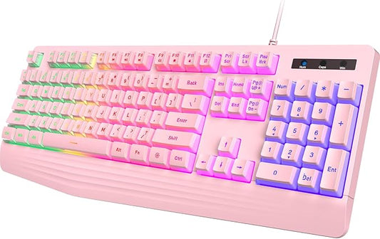Pink Creamy Keyboard, Rainbow LED Backlit, 104 Keys Silent Light Up Gaming Keyboard with Wrist Rest, PBT Keycap, Anti-ghosting, Waterproof USB Wired Computer Keyboard for PC Mac Xbox