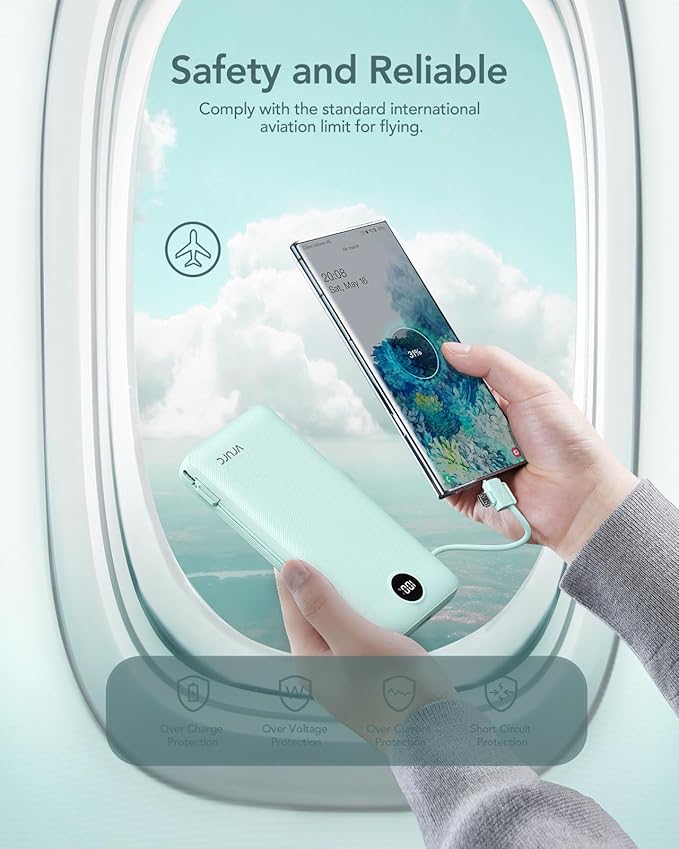 VRURC Portable Charger 20000mAh, Fast Charging Power Bank USB C,4 Output 2 Input Travel Essentials Charging Bank Equipped with LED Display,Built-in Wall Plug and Cables,Phone Charger Battery,Green