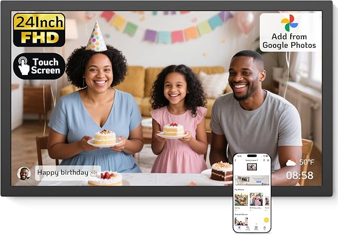 NexFoto 24 Inch Touchscreen Digital Picture Frame Large, FHD WiFi Electronic Photo Frame 64GB, Add Photos from Google Photos, Upload Videos via App/USB/Micro SD, Gifts for Housewarming, Mom, Black