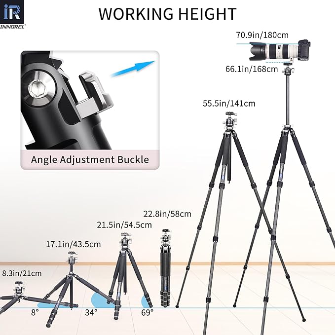 INNOREL Carbon Fiber Camera Tripod GT254C Professional Compact Portable Tripod for DSLR Camera Lightweight Camera Stand with Low Gravity Center Ballhead Special-Shaped Center Column Load 33.1lb/15kg