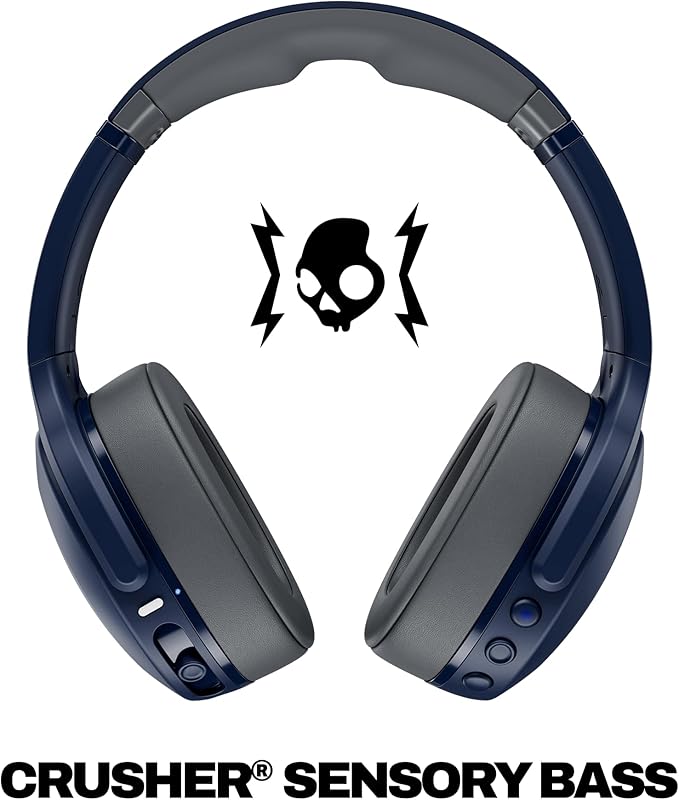 Skullcandy Crusher Evo Wireless Bluetooth Headphones with Multi-Sensory Bass, Noise Isolating Over-Ear Fit, Up to 40 Hours Battery, Microphone for iPhone Android - Blue/Grey