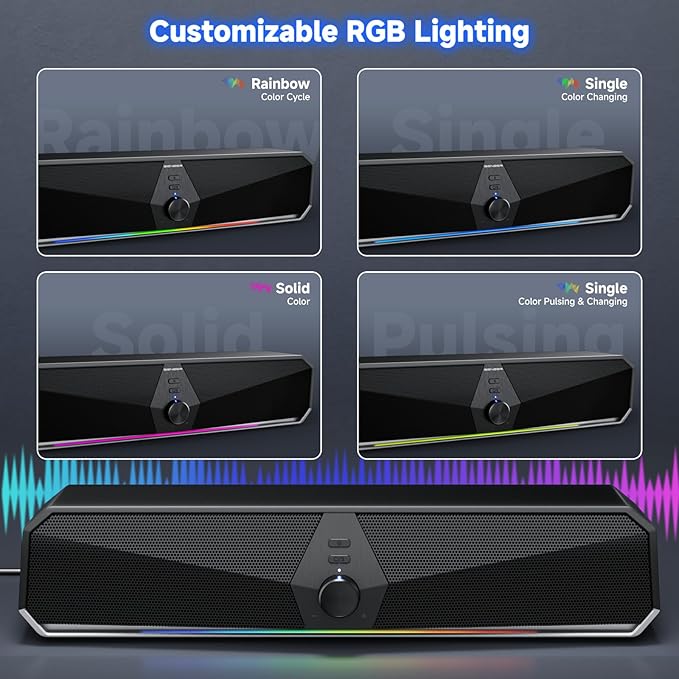 SENZER CS30 Bluetooth Computer Speakers for Desktop, USB Plug & Play PC Speakers with Dynamic LED Light, Stereo Sound Soundbar for Desktop Laptop Monitor (USB-C Adapter Included)