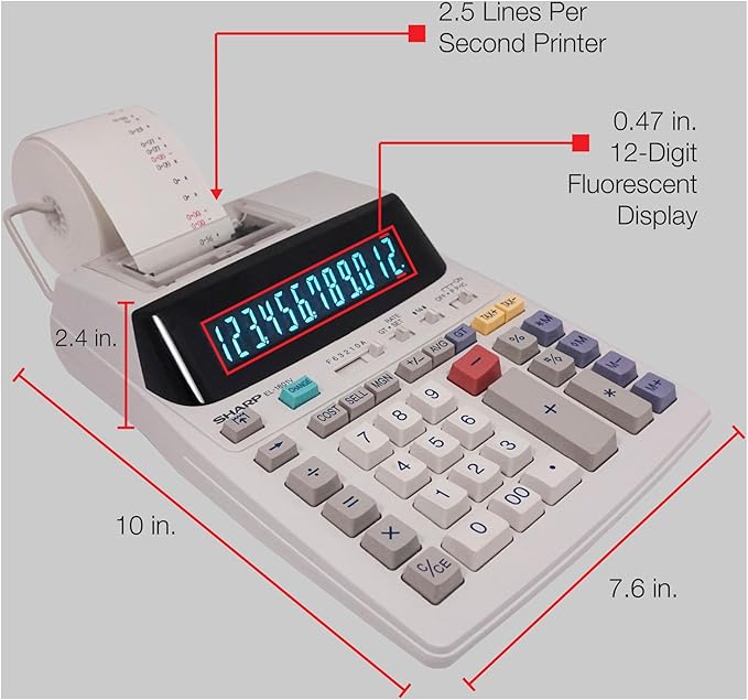 Sharp EL-1801V Ink Printing Calculator, 12-Digit LCD, AC Powered, Off-White, Ideal for Business & Office Use, Easy-to-Read Display & Durable Design