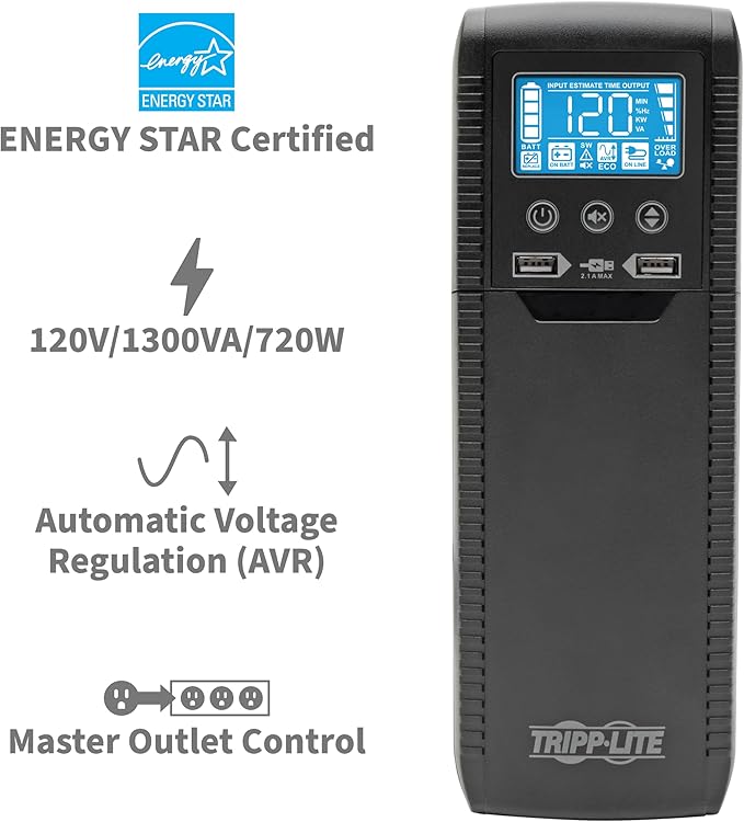 Tripp Lite 1300VA UPS Battery Backup Surge Protector, AVR, 10-Outlet Uninterruptible Power Supply, USB Charger, Ethernet Protection (ECO1300LCD)
