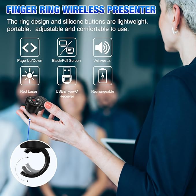 Rechargeable USB Type C Wireless Presentation Clicker, Finger Ring Clicker Powerpoint Clicker with Red Light & Volume Control, Wireless Presenter Remote Pointer for Slide MAC Computer PC Laptop