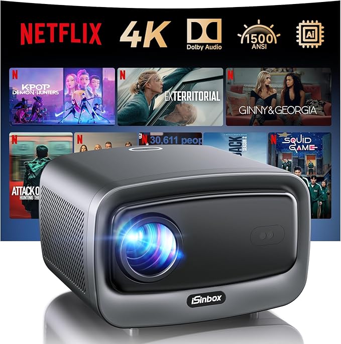 [1500 ANSI/Auto Focus/Built-in APPS] Smart Projector 4K with WiFi 6 and Bluetooth 5.3, 6D Keystone Outdoor Movie Projector with Netflix& 36W Dolby Audio Plus HDR10+ Home Theater Ceiling