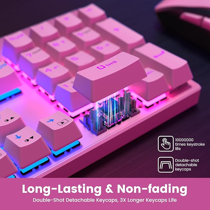 RisoPhy Mechanical Gaming Keyboard, RGB 104-Key Ultra-Slim Backlit USB Wired Keyboard with Blue Switch, Durable ABS Keycap/Anti-Ghosting/Spill-Resistant for PC, Mac, Xbox Gaming, Pink