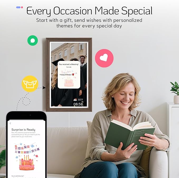 NexFoto Large Digital Picture Frame 24 Inch Touchscreen, FHD WiFi Electronic Photo Frame 64GB, Add Photos from Google Photos, Upload Videos via App/USB/Micro SD, Gifts for Housewarming/Mom, Walnut