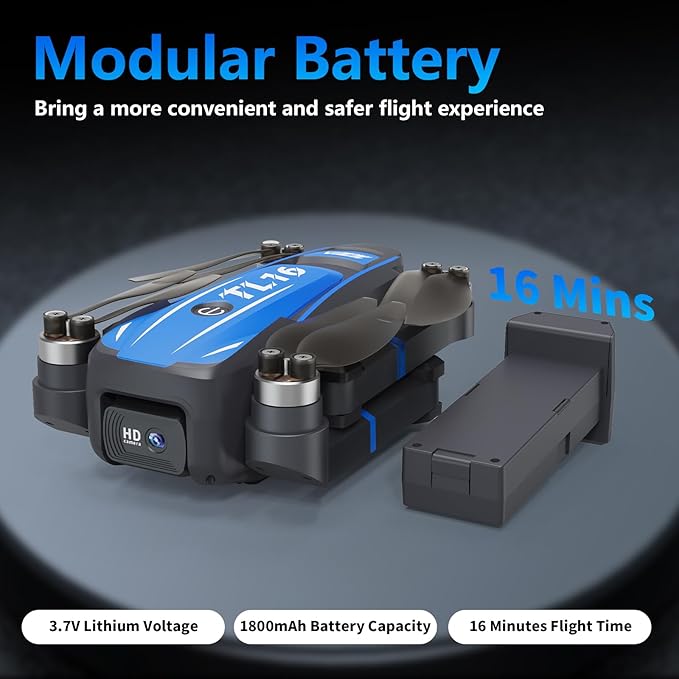 TL16 Brushless Motor Drone with 1080P Camera, FPV Drone for Adults, Optical Flow Positioning Headless Mode 90° Motorised Adjustable Lens, Foldable RC Quadcopter for Beginners, Blue