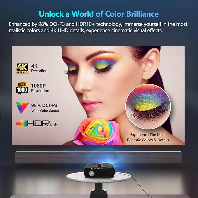 Ultra HD 4K Projector Auto Focus HDR WiFi6, Smart LED WiFi Bluetooth Projector 4K Daylight Home Cinema Movie Gaming 1500ANSI Ceiling Mounted Indoor Outdoor with Auto Keystone Zoom HDMI USB LAN Apps