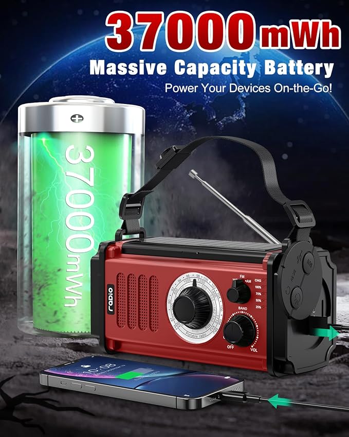 10000wAh/37000mWh Emergency Hand Crank Radio, Solar AM FM NOAA Weather Radio, 5 Charging Methods, Torch & LED Reading Light, SOS Alarm for Winter Storm Emergency, Red