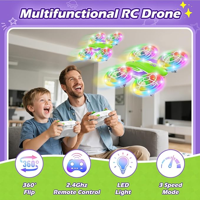 LED RC Drone for Kids 6+, Christmas Birthday Gift for Boys & Girls with Remote Batteries, 360° Flips, 3 Speed Modes, 45 Min Flight Indoor and Outdoor Flying Toy - Green Purple