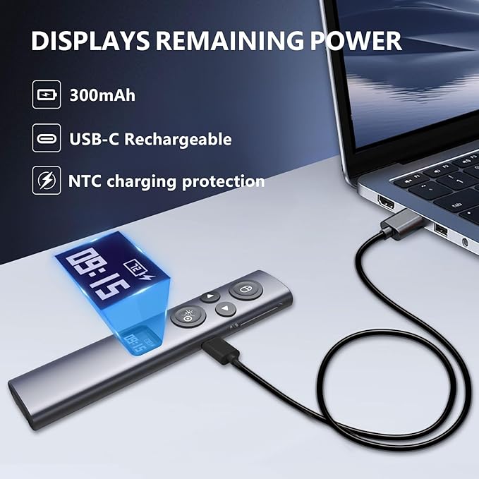 Norwii N95s BLE Presentation Clicker with Digital Pointer for PowerPoint Presentation on TV Screen and Projection Screen, Wireless Presenter Remote with Countdown Timer (Green Light-USB-AC)