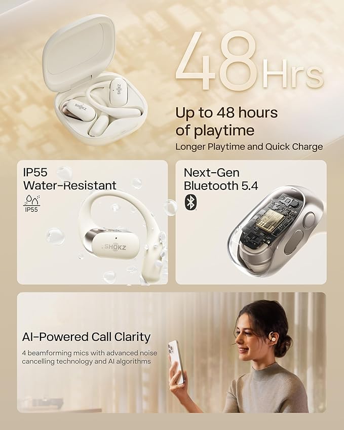 SHOKZ New OpenFit 2 Open-Ear Headphones, True Wireless Bluetooth Earphones with Microphone, Earhook Earbuds with 48 Hours of Playtime, Fast Charging, IP55 Water-Resistant, with Carrying Bag, Beige