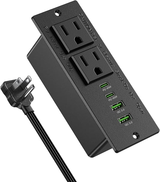45W USB C Recessed Power Strip,Flush Mount Desk Recessed Outlet,Space-Saver for Furniture Side Table,2 USB-C &2 USB-A Ports,2 AC Outlets,6ft Cord,Ultra Thin Flat Plug