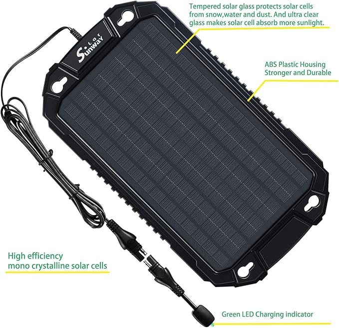 Sunway Solar Car Battery Trickle Charger & Maintainer 12Volt 8W Solar Panel Power Charger kit Portable Waterproof for Automotive RV Marine Boat Truck Motorcycle Trailer Tractor Powersports Snowmobile