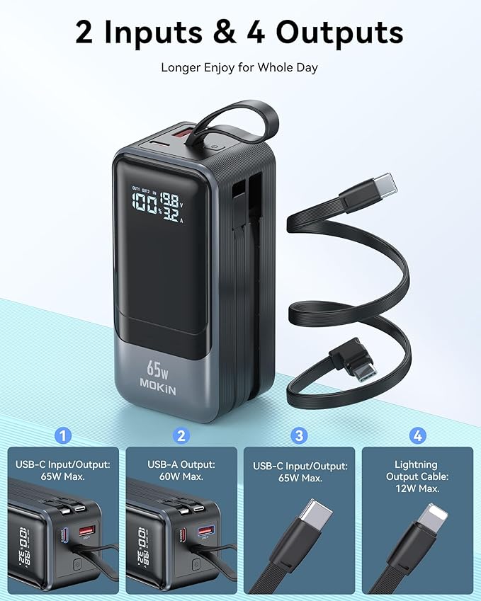 Portable Charger, 65W Power Bank Fast Charging, USB C Battery Pack with Built in Cable, 4 Outputs Powerbank, Travel Essentials Compatible with iPhone 17 16 15 14 13 iPad MacBook Pro Samsung Dell XPS