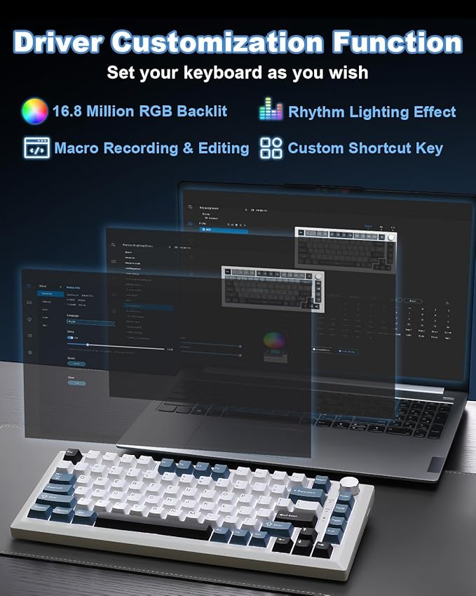 Y75 Wireless Mechanical Keyboard,75% Hot Swappable Custom Keyboard with Knob,RGB Backlit, PBT Keycaps,2.4GHz/USB-C/BT5.0 Mechanical Gaming Keyboards(White&Blue,Milk Switch)