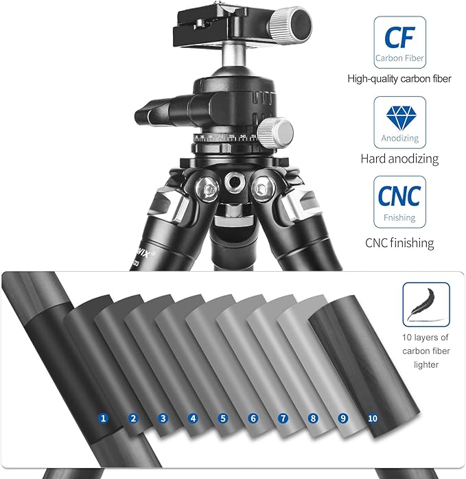 CAVIX 28in Carbon Fiber Tripod with 360° Ballhead Compact Lightweight Travel Tripod for Mirrorless Cameras
