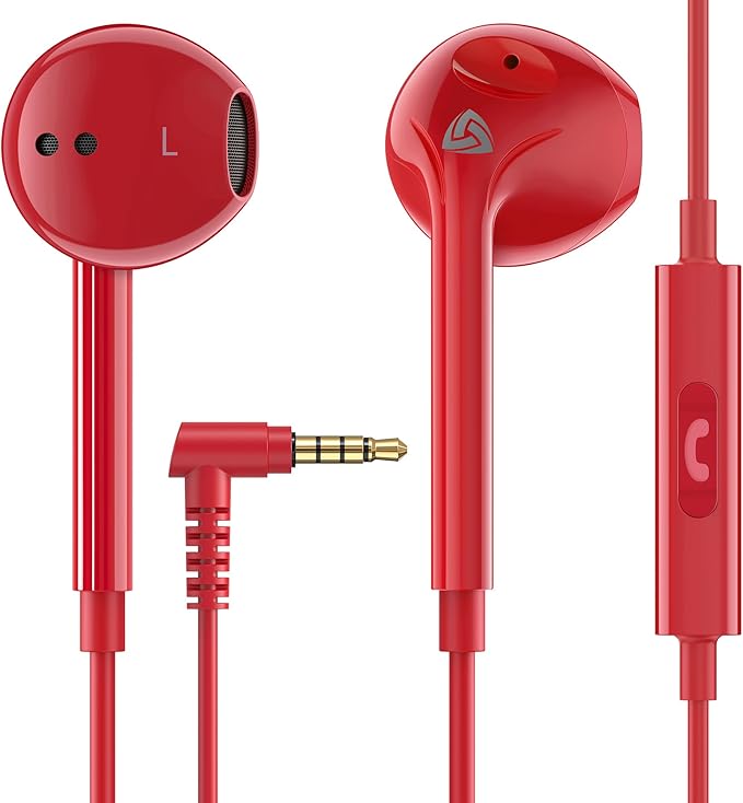 LUDOS Zenith Wired Earbuds in-Ear Headphones, 2 Years Warranty, Earphones with Microphone, Corded for 3.5mm Jack Ear Buds for iPhone, Samsung, Computer, Laptop, Kids, School Students, Woman - Red