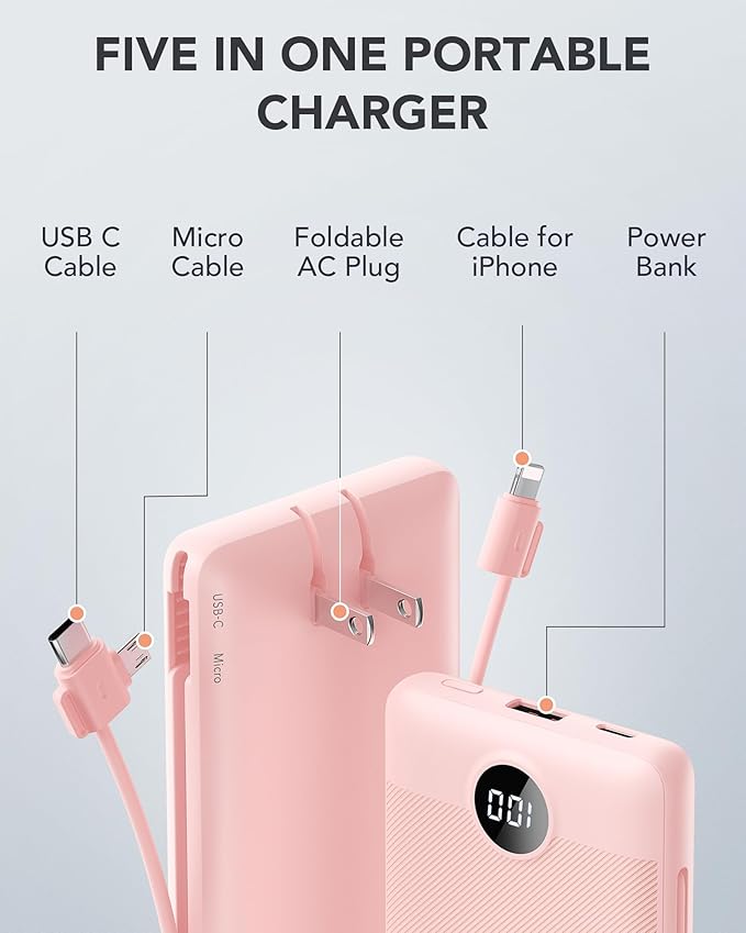 VRURC Portable Charger Built-in Cables and AC Wall Plug, USB C Power Bank 10000mAh, Travel Essentials Phone Charger Compact Lightweight External Battery Pack for Smart Phones, Tablets etc-Pink