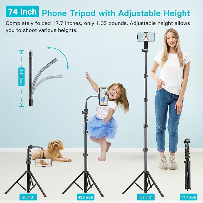 74" Flexible Phone Tripod, Tall Cell Phone Tripod with Adjustable Gooseneck & Remote, Portable Camera Cellphone Stand for Video Recording, Compatible with iPhone Android