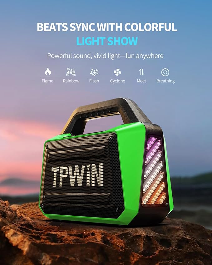 Bluetooth Speaker - 80W Loud Rugged Outdoor Speakers, IPX6 Waterproof, 20H Playtime, Deep Bass, Lightshow, TWS, BT 5.3 Wireless, Portable for Travel Hiking Camping Beach Pool - Green