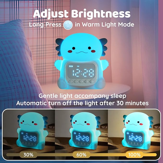 Axolotl Alarm Clock with Night Light for Kids, Rechargeable Silicone Lamp Time to Wake Clock Cute Animal Tabletop Lamp, Perfect Sleep Companion for Boys Girls, Blue