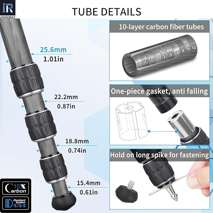 Carbon Fiber Tripod Monopod INNOREL KT254C Professional Portable Compact Travel Tripod for DSLR Camera Stand Support 1.01in/25.6mm Tube Load 33lb/15kg with Adjustable Extension Pole(Only Tripod)