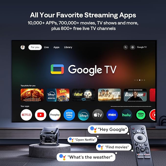 Aurzen BOOM mini Google TV 4K Supported Smart Portable Projector with WiFi and Bluetooth, Outdoor & Home Movie Projector with 20W Speakers DoIby Audio, Real-Time Focus, 500 ANSI Lumens, Black