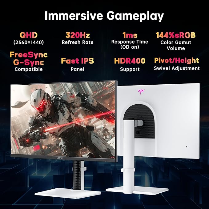 KTC 27 Inch White Gaming Monitor 300Hz/320Hz, QHD 1440P Fast IPS Computer Monitor with Adaptive FreeSync, HDR400, Height/Pivot/Swivel/Tilt Adjustable, DP&HDMI, H27E6