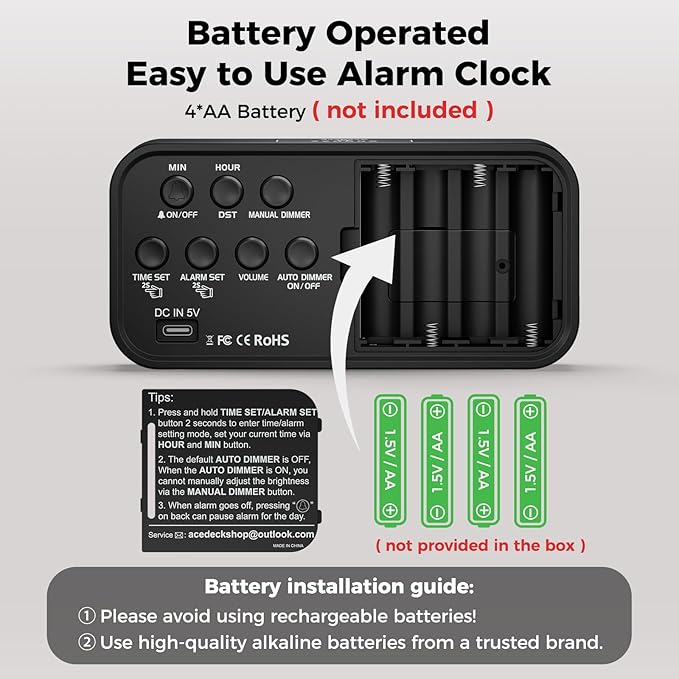 Battery Operated Digital Clock: Cordless Small Alarm Clock for Bedroom Travel - Large Numbers 4 Dimmers for All Ages Green Digits