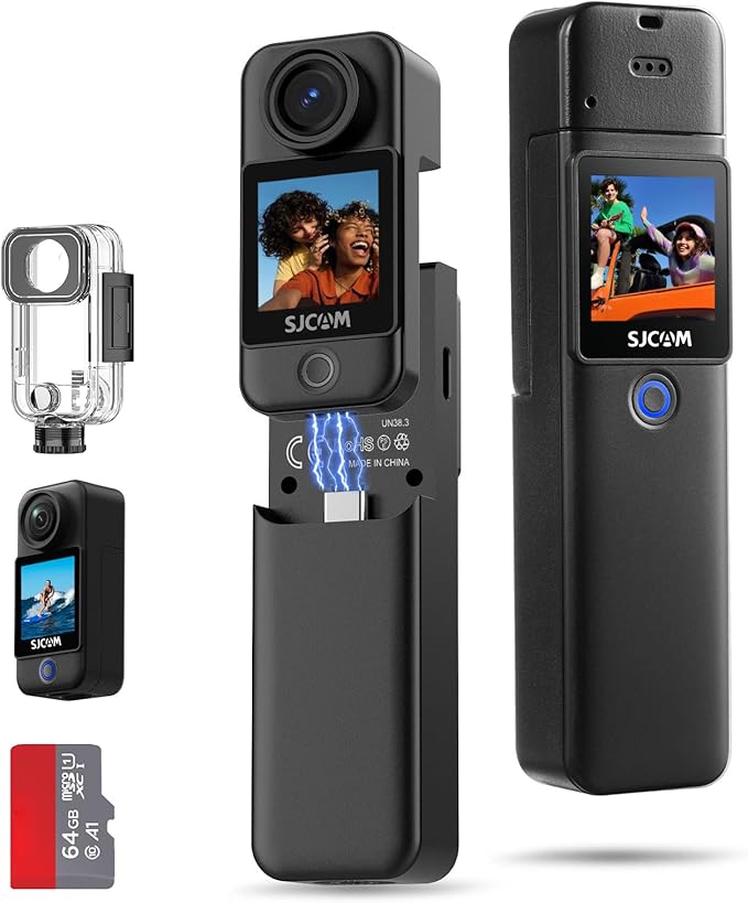 SJCAM C300 Pocket Travel Action Camera 4K,7Hour Power,154° Wide FOV Video Recording,6-Axis Stabilization,Dual-Touch Screen Body Camera,30M Waterproof,Vlogging and Youtube Live Streaming,Black 64G card
