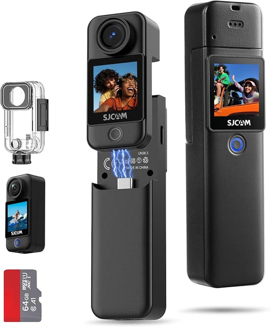 SJCAM C300 Pocket Travel Action Camera 4K,7Hour Power,154° Wide FOV Video Recording,6-Axis Stabilization,Dual-Touch Screen Body Camera,30M Waterproof,Vlogging and Youtube Live Streaming,Black 64G card