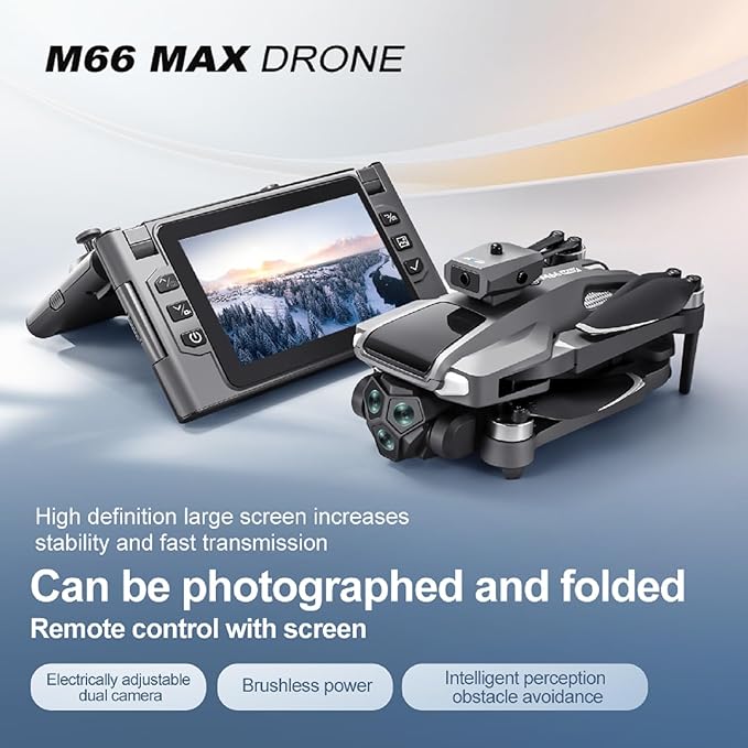 M66 Drone with New Foldable Remote Control with Screen, Two-batteries, Brushless Motor, Altitude Hold, One Key Take Off/Landing, with Black Outdoor Carrying Case.