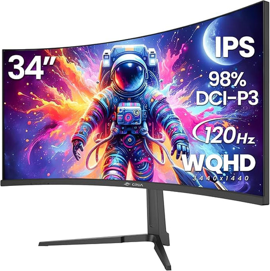 CRUA 34" Curved Gaming Monitor, IPS WQHD(3440x1440P) 120Hz 1900R 21:9 UltraWide PC Display, 130% sRGB, AMD FreeSync, Blue Light Filter, HDMI/DP Ports, Wall Mountable Installs– Black