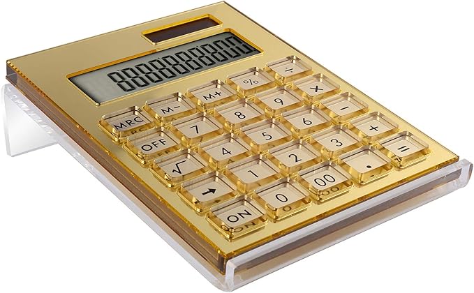 Acrylic Calculator with Stand, Battery and Solar Hybrid Powered Basic Calculator 12-Digit LCD Display,Home Office Desktop Accessories(Gold)
