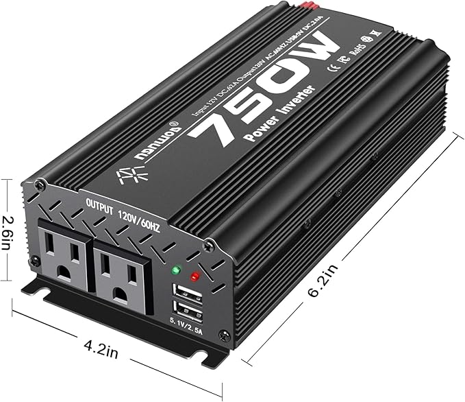 750W Black Car Power Inverter, 12V to 110V/120V, 2 AC Outlets, 2 USB Ports, Battery Clamps, Ideal for Vehicles, Trucks, Camping