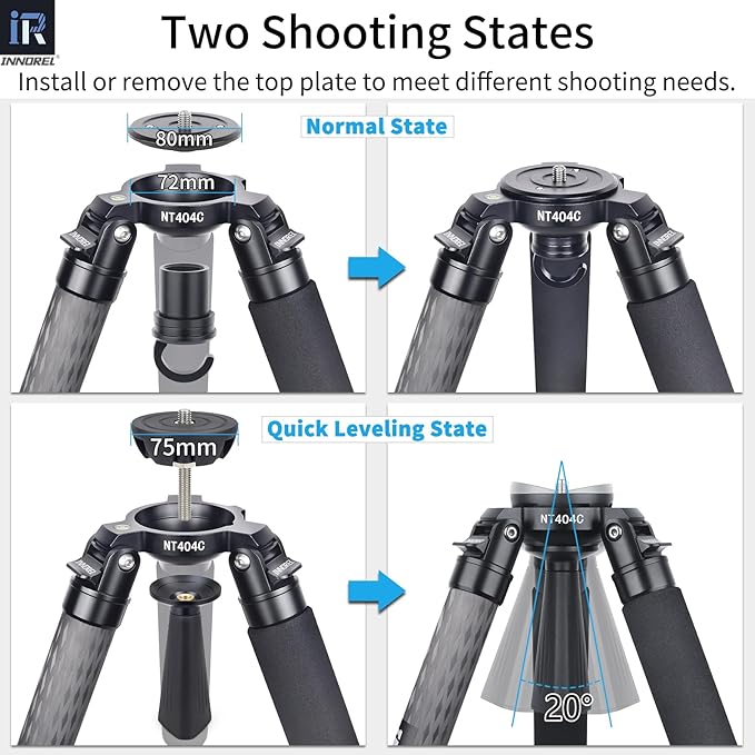 INNOREL NT404C Carbon Fiber Tripod Professional Birdwatching Heavy Duty Camera 66lb/30kg Max Load 40mm Max Tube Diameter Bowl Tripod Birdwatching Camera Stand with 75mm Universal Bowl Adapter