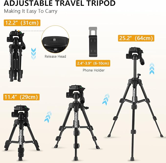 25 inch Mini Tripod for Camera, Small Tripod for Camera and Phone, Travel Stand for Photography, Video Recording, Compatible with DSLR, Smartphone, Spotting Scopes