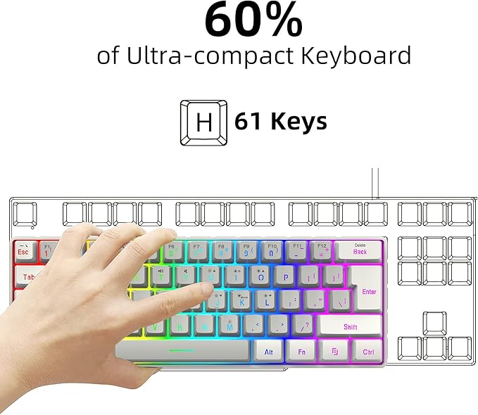 Snpurdiri 60% Wired Gaming Keyboard, SmallUltra-Compact 61 Keys RGB Backlit 60 Percent Gaming Keyboard for PC/Mac Gamer, Typist, Travel, Easy to Carry on Business Trip(White-Grey)