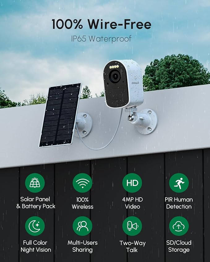 2K/4MP Wireless Solar Security Camera Outdoor, Battery Powered with Solar Panel, 5GHz & 2.4GHz WiFi, Color Night Vision, PIR Motion Alerts, APP Remote View, Use Solo or Add to 4CH Kit