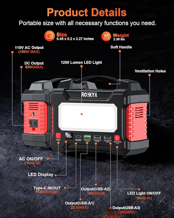 166.5Wh Portable Power Station 150W Laptop Charger,Lithium Battery Power Bank Solar Generator with AC outlet & Flashlight (SOS mode) for Home Emergency Outage,Office,Outdoor Camping,RV Travel.