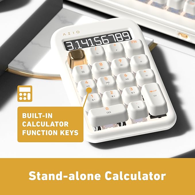 AZIO IZO Wireless Mechanical Calculator & Number Pad (White/Gold) - Bluetooth 5.0 & USB, Gateron-Blue Mechanical Switch, 9 Backlight Modes, Rechargeable, PC & Mac Compatible, White Blossom (IN103)