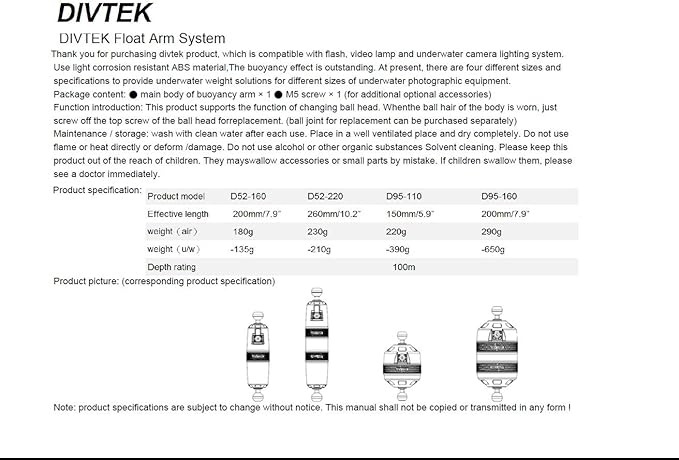 Buoyancy Float Arm,DIVTEK Dive Bracket with Nauticam Bayonet Mount Improved Lightweight for Underwater Camera Tray Scuba Dive Video Lights Arms