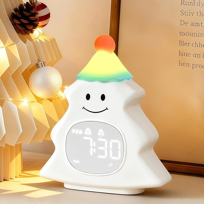 Yiliaw Kids Alarm Clock with Night Light, Christmas Tree Wake Up Clock, Rechargeable Cute Alarm Clock for Bedroom, for Boys and Girls, White